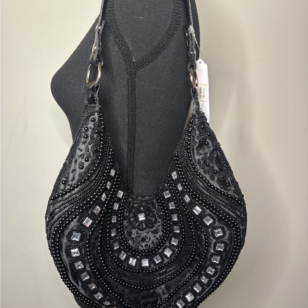 Y2K FAR NINE Black Beaded Mirror Shoulder Bag Vintage Boho Hobo Purse - Picture 7 of 8